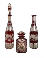 Bohemian, Ruby Etched Glass Bottles, Qejar Persian