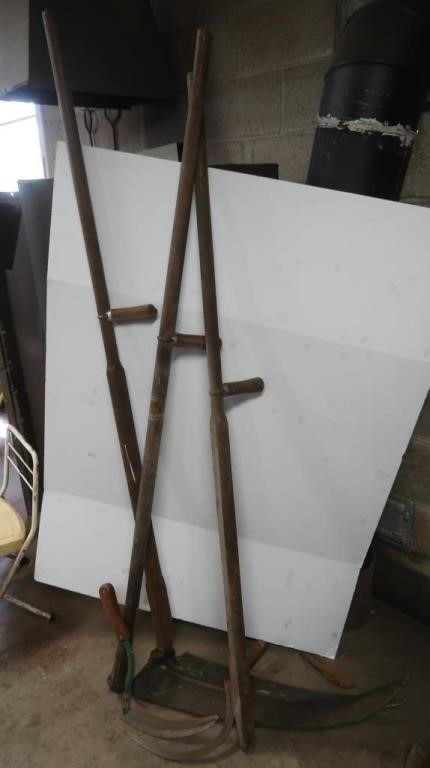 2 Antique Scythes, Hand Sickles, Handle & Scythe