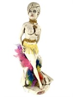 Painted Plaster Female Nude Statue w Feathers