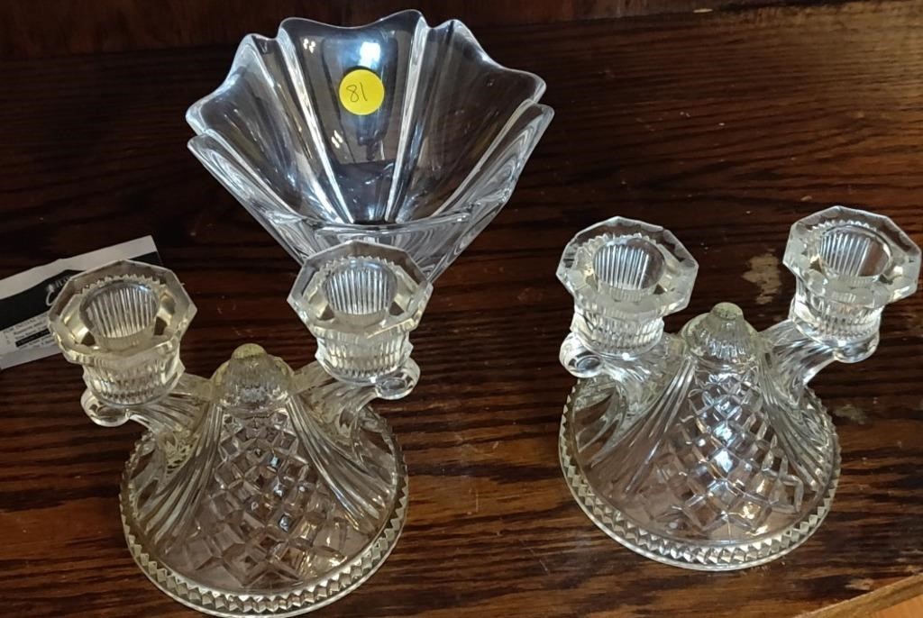 Clear Glass Candle Stick Holders & Dish