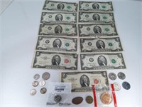 (11) Two Dollar Bills & Change