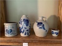 Salt Glaze Crocks and Jug, one signed Salmon