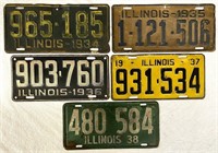 Five Vintage 1930's License Plates