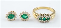 18k Emerald and diamond ring and earrings.