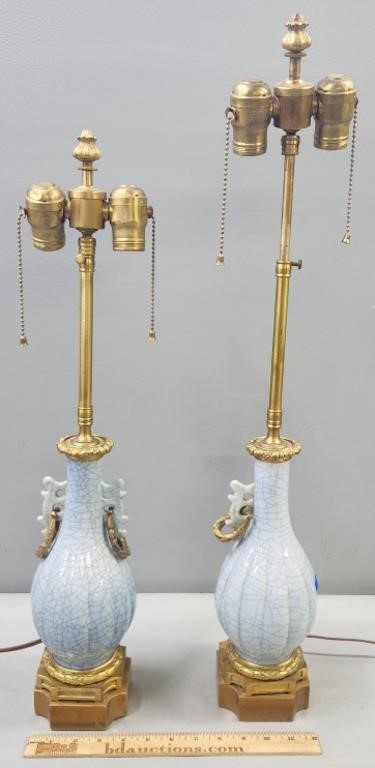 Pair Crackle Glaze & Gilt Brass Mount Table Lamps