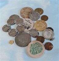 Assorted coins, wooden nickels & misc