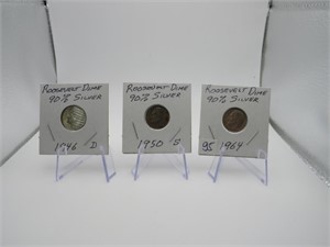 3 Roosevelt Dimes 90% Silver 1946D/1964