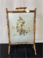 Asian Bamboo Frame Painted Floral Art Screen