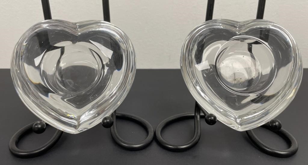 2 Orrefors Sweden Heart Tealight Candleholders