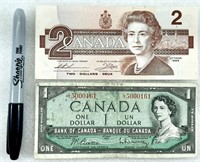 2 billets de 1$ et 2$ CANADA 1954 et 1986