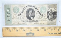1862 FIVE DOLLAR VIRGINIA TREASURY NOTE