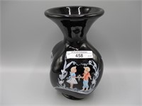 Fenton Louis Piper HP ebony 8" vase with 4