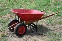 Vintage Red Wood Handle Wheel Barrow
