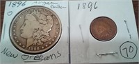 1896-O US Morgan silver dollar + penny