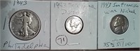 ww2 era 1943 half dollar, dime, nickel