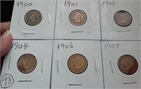 SIX indian head pennies 1900-1907