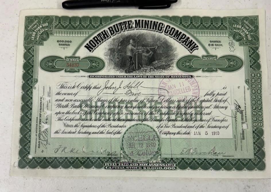 1910 North Butte  Mining Co. Stock