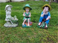 Lawn statues, Girl painting, Girl fishing, Girl