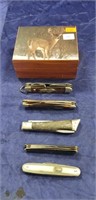 (5) Pocket Knives & (1) Cedar Box "Harper's