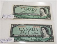 2 CDN 1954 One Dollar Bills