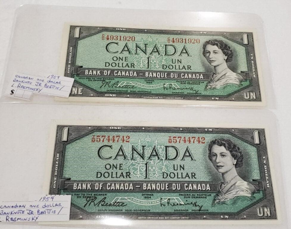 2 CDN 1954 One Dollar Bills