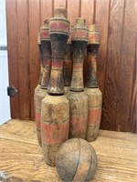 6 Antique Wooden Skittles with Ball