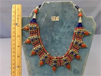 Lapis and coral with silver alloy necklace     (k