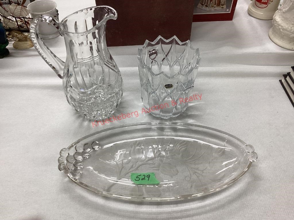 Crystal Pitcher Vase, & Platter