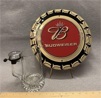 Budweiser Tin Sign and Beer Mug With Bell