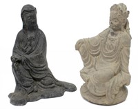 (2) CAST METAL & CONCRETE GUANYIN SEATED STATUES