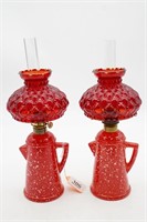 (2) Red Oil Lamps Enamel Pitcher Base