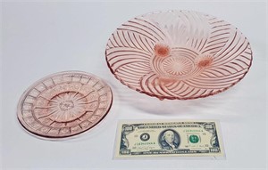 PINK DEPRESSION GLASS PRISMATIC SWIRL FOOTED DISH