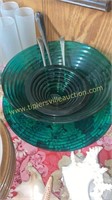 Green art glass platter and bowl set