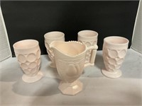 Pink milk glass small pitcher with 4 glasses