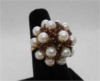 14KT GOLD VINTAGE RUBY AND PEARL COCKTAIL RING S