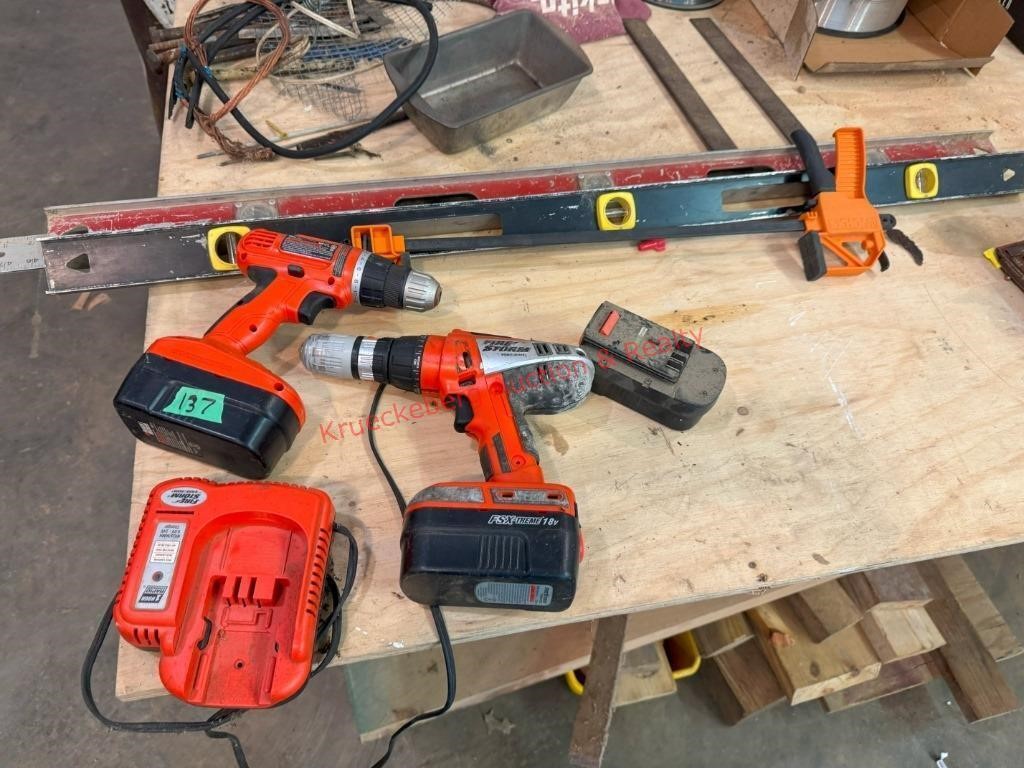 B/D Drills W/ 12v Batteries, Levels, Worx Clamp