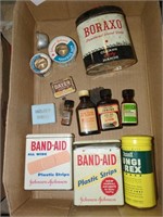 vintage Boraxo tin, and other tins and bottles