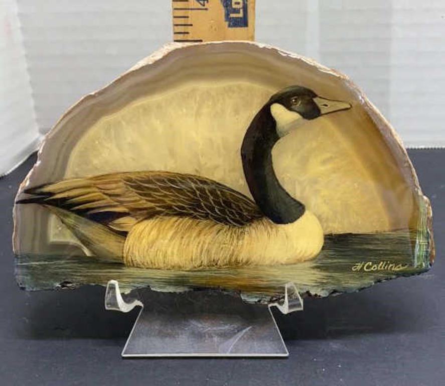 H Collins goose display on geode