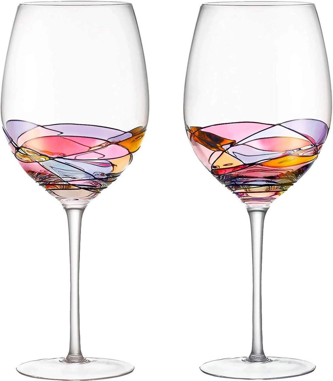 DAQQ Red Wine Glasses Set of 2 Hand Painted Design