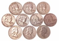 (10) 1958 Benjamin Franklin Silver Half Dollars