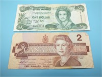 BAHAMAS $1 BILL & 1986 CANADA $2 BILL