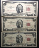3 - 1953 $2 Red Seal Federal Reserve Notes
