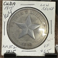 1915 CUBA SILVER PESO LOW RELIEF