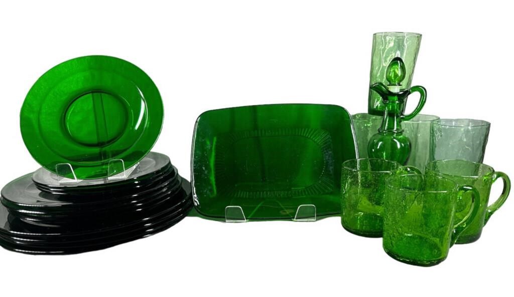 Green Glass Cups/Mugs/Tray/12 pc plates