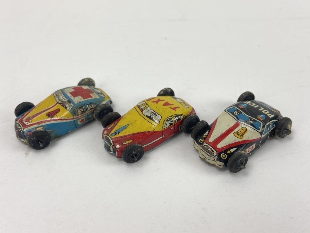 3 Vintage Tin Litho Miniature Cars