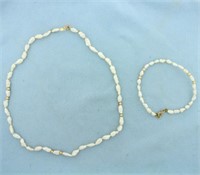 Gold Bead and Baroque Pearl Necklace and Bracelet