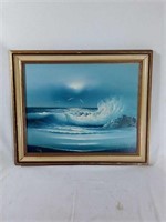 20"x24" framed painting depicting crashing ocean