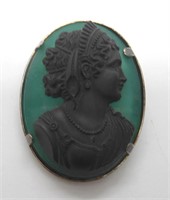 ANTIQUE STERLING SILVER GREEN GLASS CAMEO
