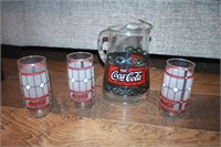 Coca Cola Glass Pitcher  & 3 glasses