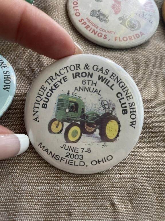 Farm Machinery advertising pins: John Deere, Allis, IH more